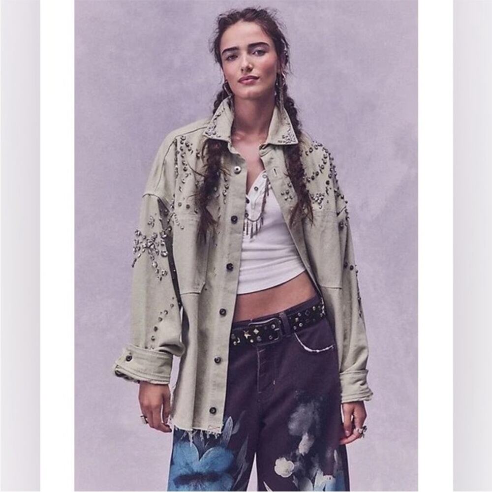 Free People Natural Bells Embellished Shacket Jacket